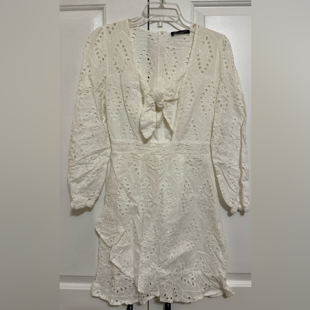 Women's Sexy Long Sleeve Lace Ruffle Mini Dress Hollow Out Summer Dress White - Picture 5 of 8